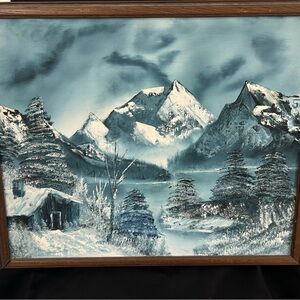 Mountain Landscape Art Print in Blue and White